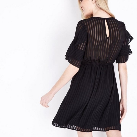 Dex Black Embroidered Striped Chiffon Frill Sleeve Dress Size S Small - Picture 2 of 13